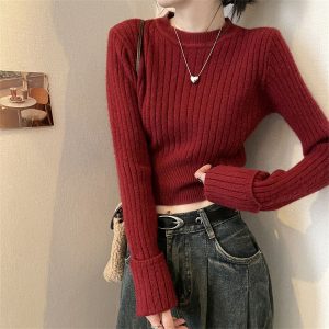 秋の女性のためのアンカーレッドのショートニットボトムシャツ