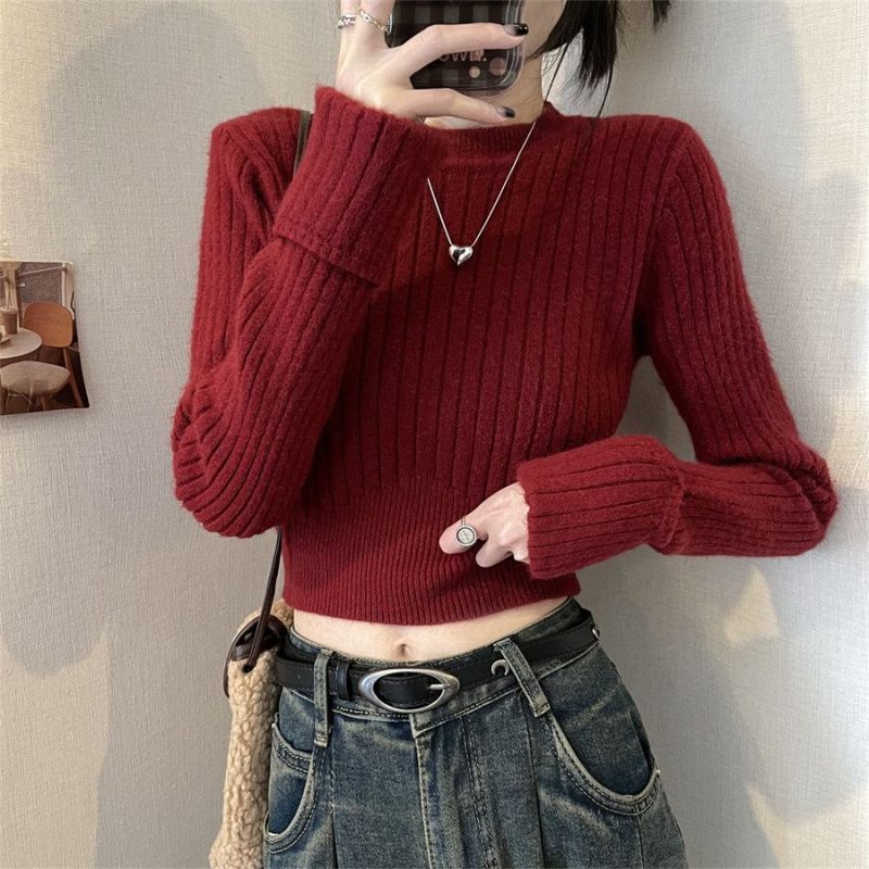 秋の女性のためのアンカーレッドのショートニットボトムシャツ - 画像 (2)