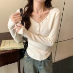 Vネック長袖Tシャツレディース秋デザイントップス
