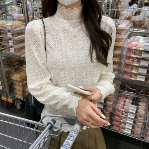 セクシーなレースハーフタートルネック長袖ボトリングシャツ